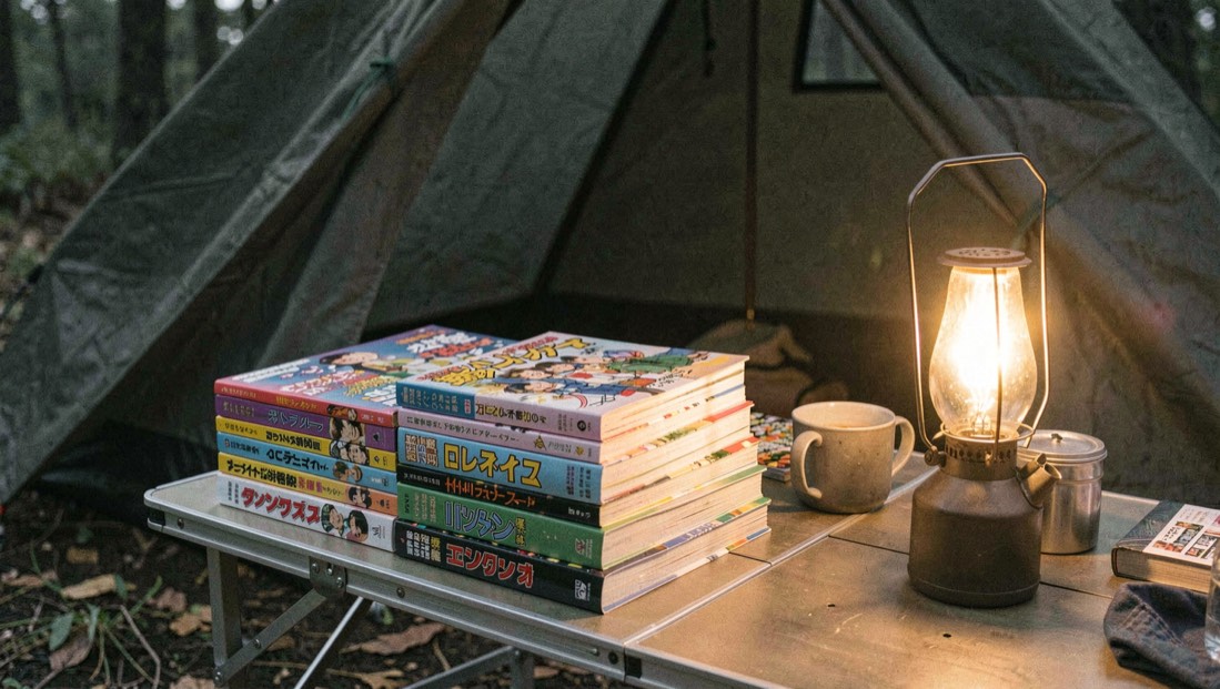 Pila di albi manga con dorsi colorati su un tavolo da campeggio al lume di una lampada, tenda scura sullo sfondo