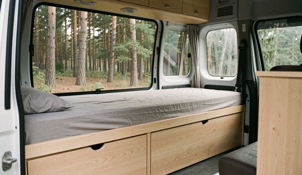 Interno di un furgone allestito con letto trasversale in legno chiaro, cassettone sotto, finestrino laterale aperto e vista su un bosco