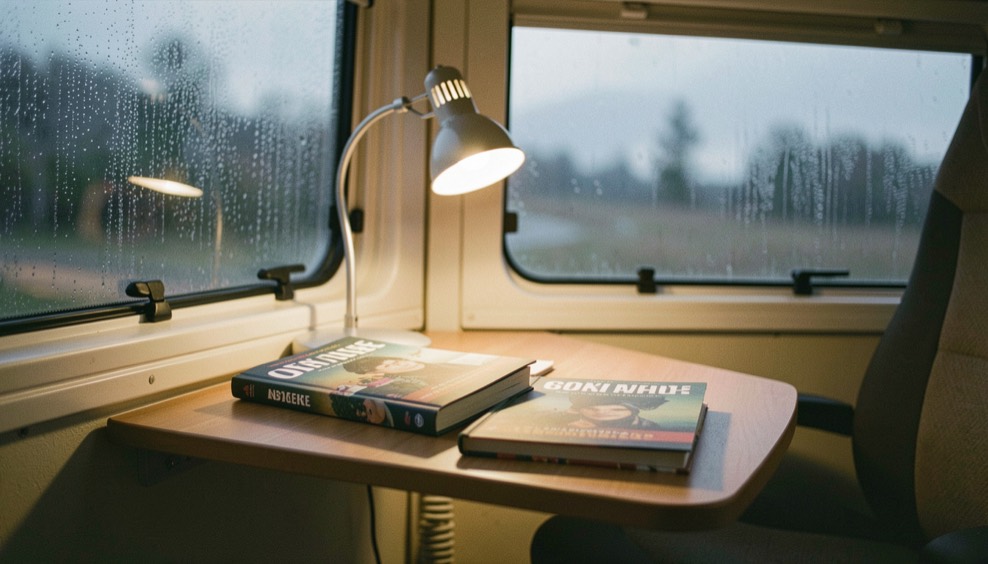 Albi manga e un quaderno appoggiati sul tavolo di un camper con lampada accesa, sera fuori e vetrata appannata sullo sfondo