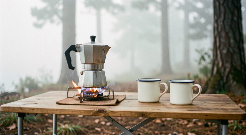 Caffettiera di alluminio su un fornello acceso accanto a due tazze smaltate su un tavolo da campeggio, con nebbia leggera fra gli alberi