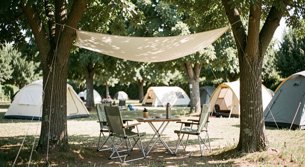 Tenda chiara con telo parasole teso sopra fra due alberi, sedie all ombra e borraccia sul tavolo in un campeggio assolato di mezzogiorno