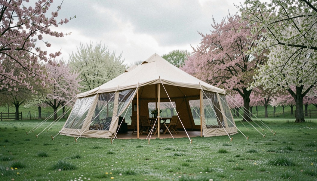 Tenda montata su prato verde brillante ancora umido di rugiada, con alberi in fioritura attorno e cielo nuvoloso di primavera