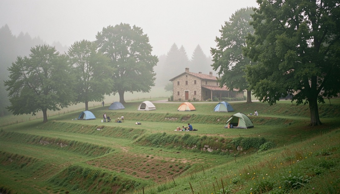 Una tenda dome verde montata su un prato di campeggio in Normandia, aperta sul davanti, con due sacchi a pelo arrotolati e una torcia appoggiata su una pietra, luce del mattino presto con rugiada sull erba.