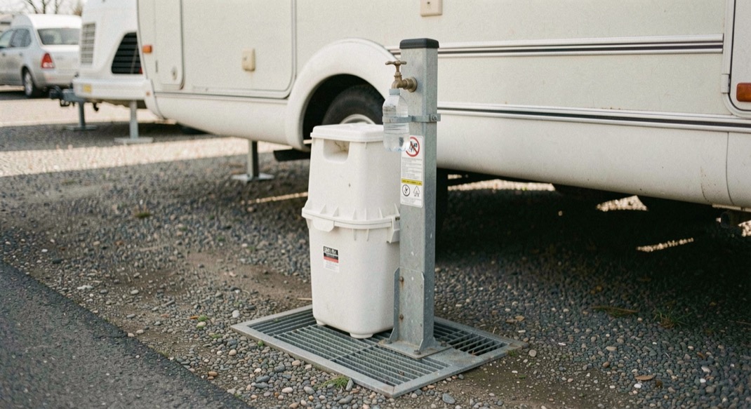 Colonnina di camper service con griglia di scarico a terra, pozzetto per la cassetta e rubinetto dell acqua potabile su palo verniciato