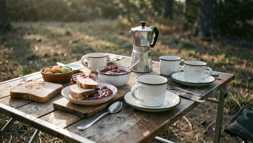 Tavolo da campeggio apparecchiato per la colazione con pane, marmellata, tazze smaltate e caffettiera, luce radente del primo mattino