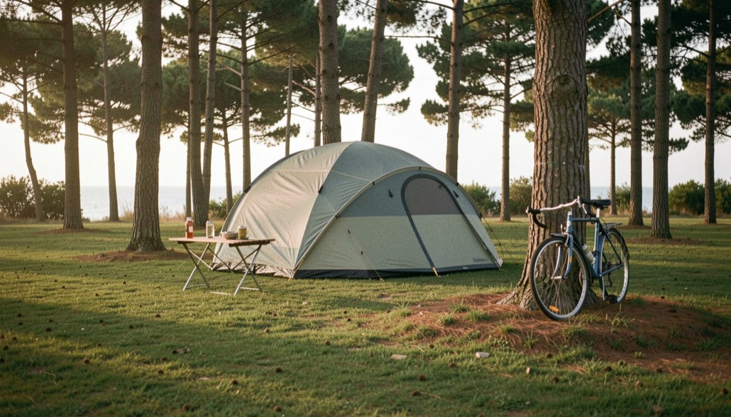 Piazzola di campeggio su prato con tenda a igloo montata sotto pini marittimi, tavolino pieghevole e biciclette appoggiate al tronco, luce del tardo pomeriggio