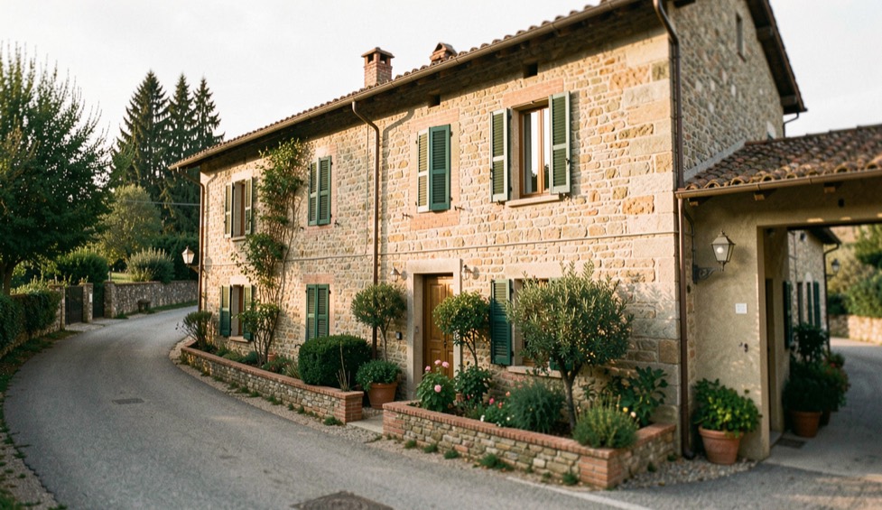 Facciata di una casa italiana in pietra con persiane verdi e piccolo giardino, luce del pomeriggio e strada di paese in primo piano