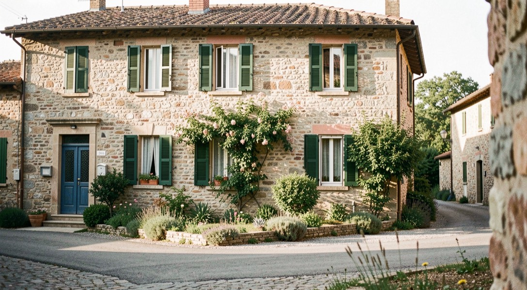 Facciata di una casa italiana in pietra con persiane verdi e piccolo giardino, luce del pomeriggio e strada di paese in primo piano