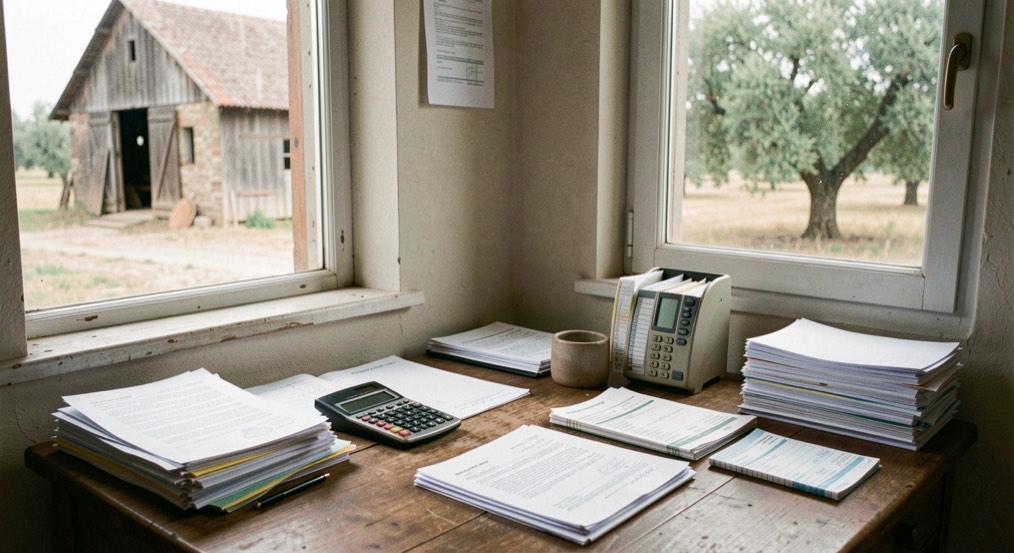 Scrivania di un piccolo ufficio agricolo con documenti, calcolatrice e fatture ordinate, fienile e ulivi visibili dalla finestra