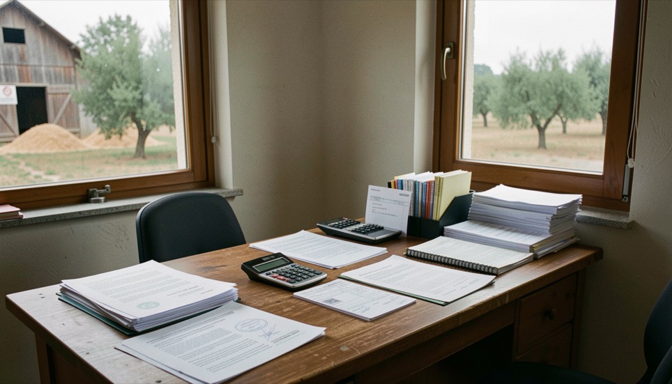 Scrivania di un piccolo ufficio agricolo con documenti, calcolatrice e fatture ordinate, fienile e ulivi visibili dalla finestra