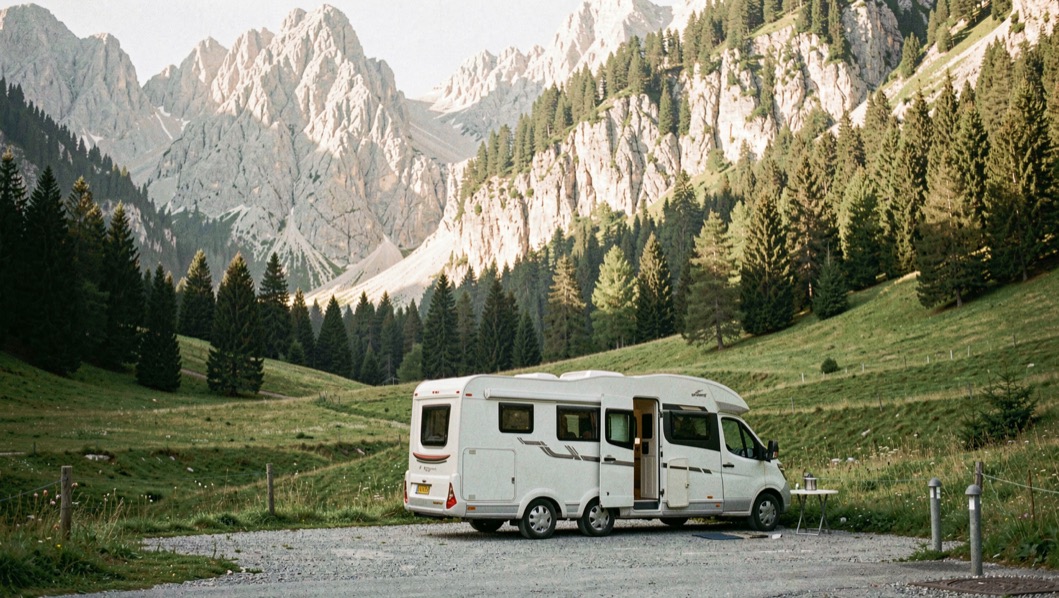 Camper parcheggiato in un area di sosta di fondovalle dolomitico con prati verdi, abeti e pareti di roccia chiara illuminate dal sole del mattino