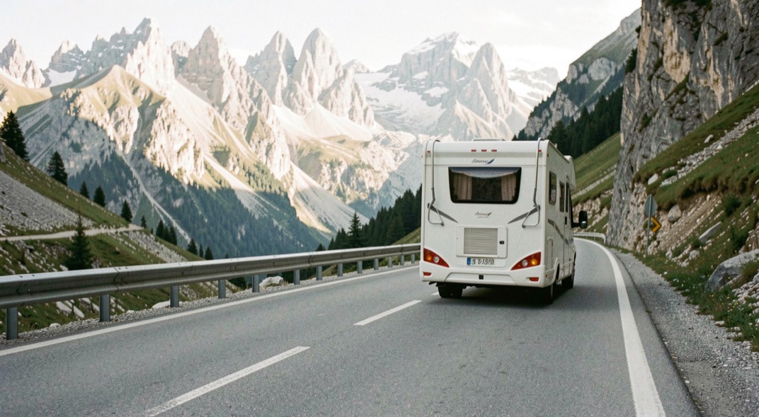Tornante di una strada di montagna con guard rail, camper in salita visto da dietro e pareti dolomitiche chiare che chiudono la valle