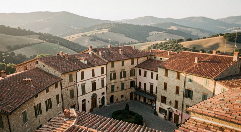 Tetti in cotto e facciate di un borgo italiano visti dall alto con colline sullo sfondo e luce calda di fine giornata