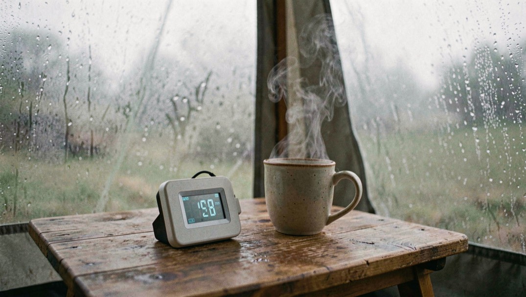 Termometro digitale e tazza fumante appoggiati su un tavolo dentro una tenda, luce grigia del mattino e telo esterno umido sullo sfondo