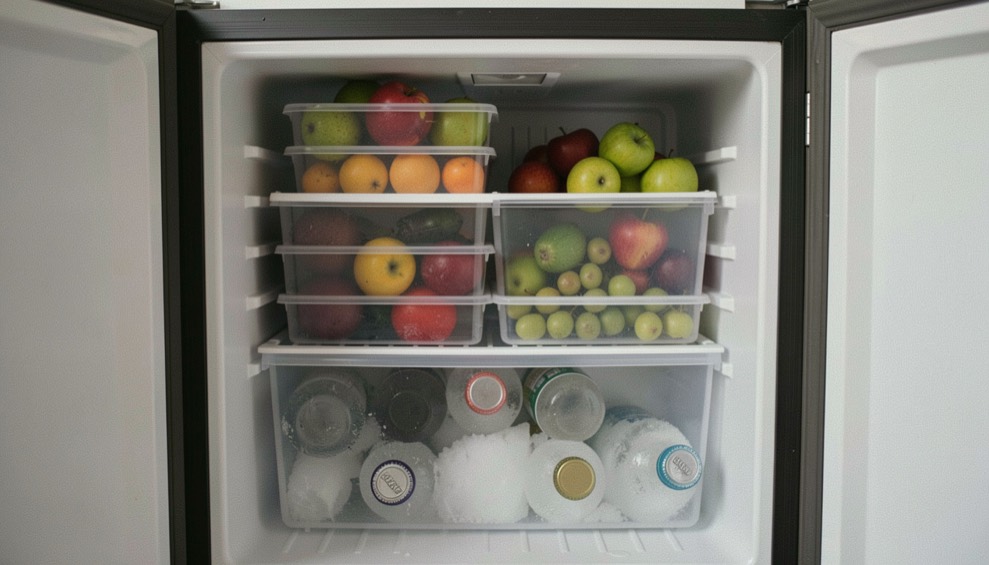 Interno di un frigo portatile con contenitori trasparenti impilati, bottiglie congelate sul fondo e frutta nella parte alta