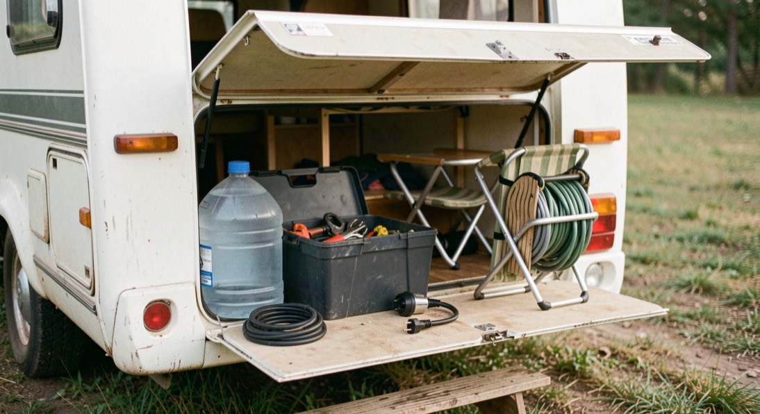 Gavone posteriore di un camper aperto con tanica di acqua, cassetta degli attrezzi, sedie pieghevoli e prolunga elettrica arrotolata