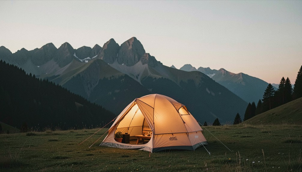 Tenda illuminata dall interno su un prato alpino al crepuscolo, con profilo delle montagne scuro e cielo ancora chiaro sopra la cresta
