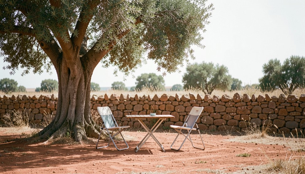 Tavolino pieghevole e due sedie all ombra di un grande ulivo, terra rossa sotto, muretto a secco e cielo bianco di mezzogiorno