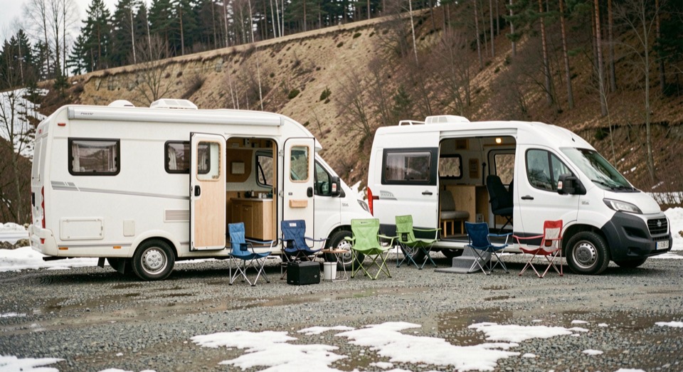 Camper bianco e van allestito parcheggiati fianco a fianco su uno spiazzo ghiaiato, portelloni aperti e sedie pieghevoli fuori