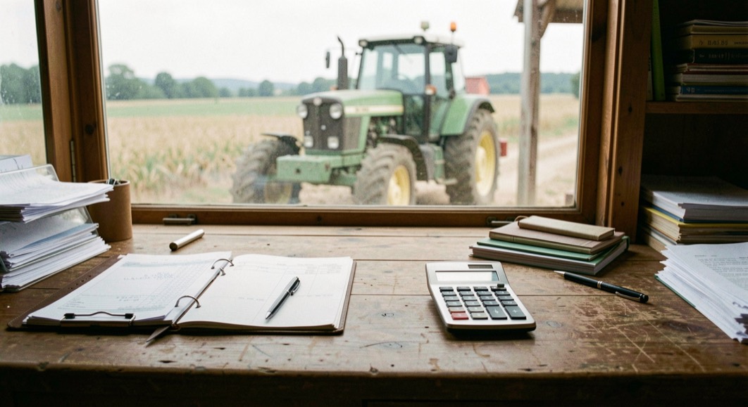 Scrivania in legno di un azienda agricola con registro fatture, calcolatrice e penna, trattore sfocato fuori dalla finestra