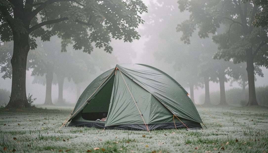 Piazzola di campeggio con tenda chiusa al mattino presto, rugiada sull erba e nebbia bassa fra gli alberi