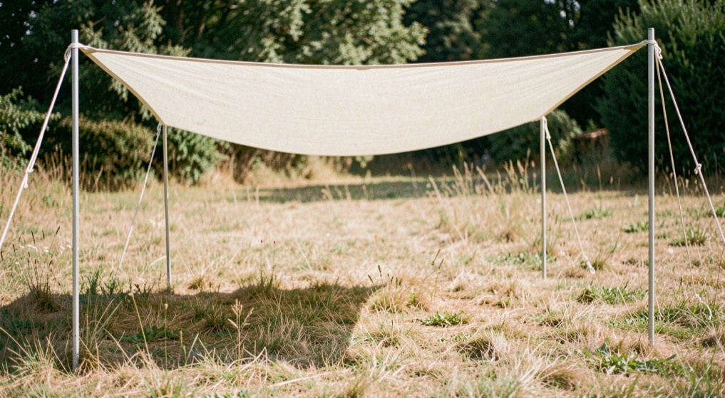Telo parasole chiaro teso fra due pali sopra una tenda, con zona d ombra sotto e prato secco illuminato tutto attorno