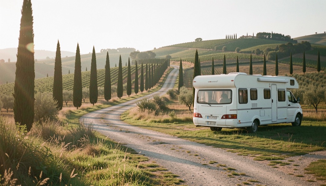 Strada bianca fra colline coltivate con filari di cipressi e un camper bianco fermo in una piazzola erbosa alla luce dorata del mattino